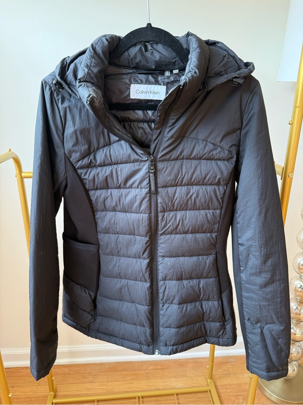 Calvin Klein Women's Charcoal Quilted Hooded Puffer Jacket